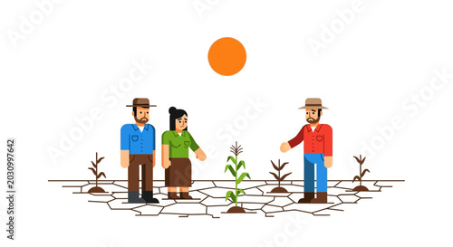 Obraz na plátně Farmers examine wilting corn crop in arid, cracked earth under hot sun