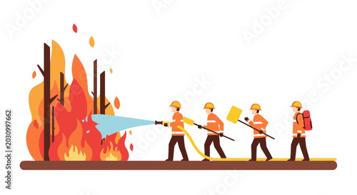 Obraz na plátně Firefighters Battling Forest Fire with Water Hose and Tools