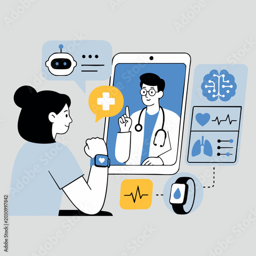 Female patient talking to male doctor on smartphone screen during virtual online medical consultation app line vector illustration