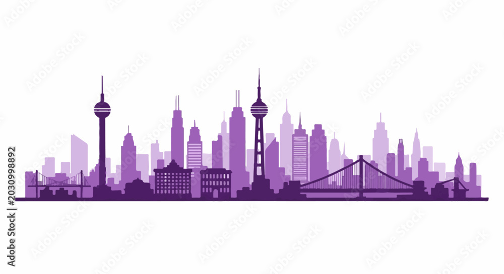 Obraz premium A purple silhouette of a modern cityscape with diverse skyscrapers and bridges