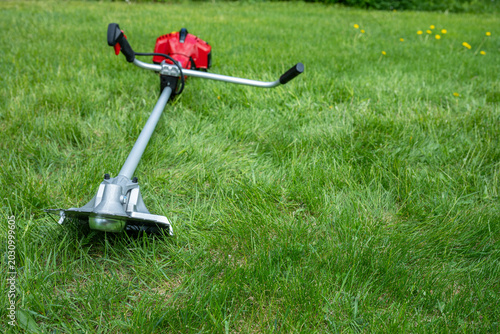 Photos Cordless brushcutter resting on green lawn outdoors