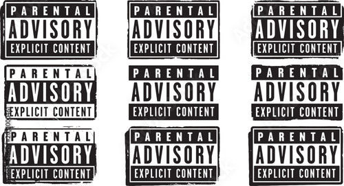 Photos Collection of Parental Advisory Explicit Content labels in a collage on a white