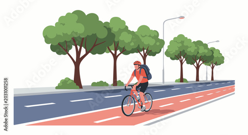 A person cycles on a dedicated lane beside a street lined with trees and streetlights