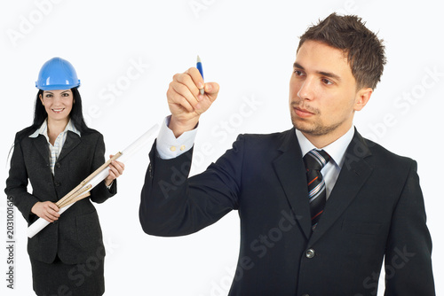 Fényképezés Professional man gestures with blue pen, focused and decisive