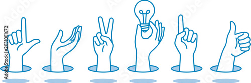 Bild auf Leinwand Collection of six illustrated hands making different gestures like counting or h