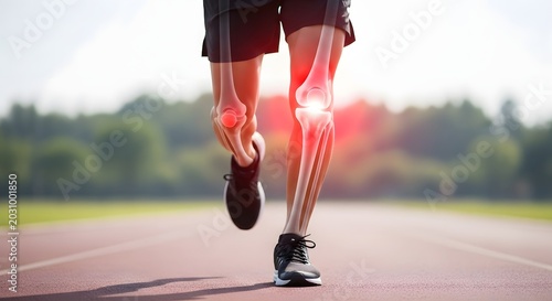 Runner with knee pain and bone visualization. Sports medicine and joint health. 3D illustration of skeletal legs with red pain spots during a run