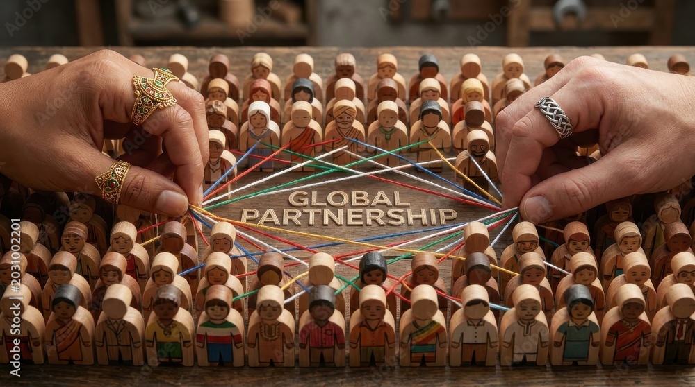 Obraz premium Hands Connecting Miniature Wooden Figures for Global Partnership