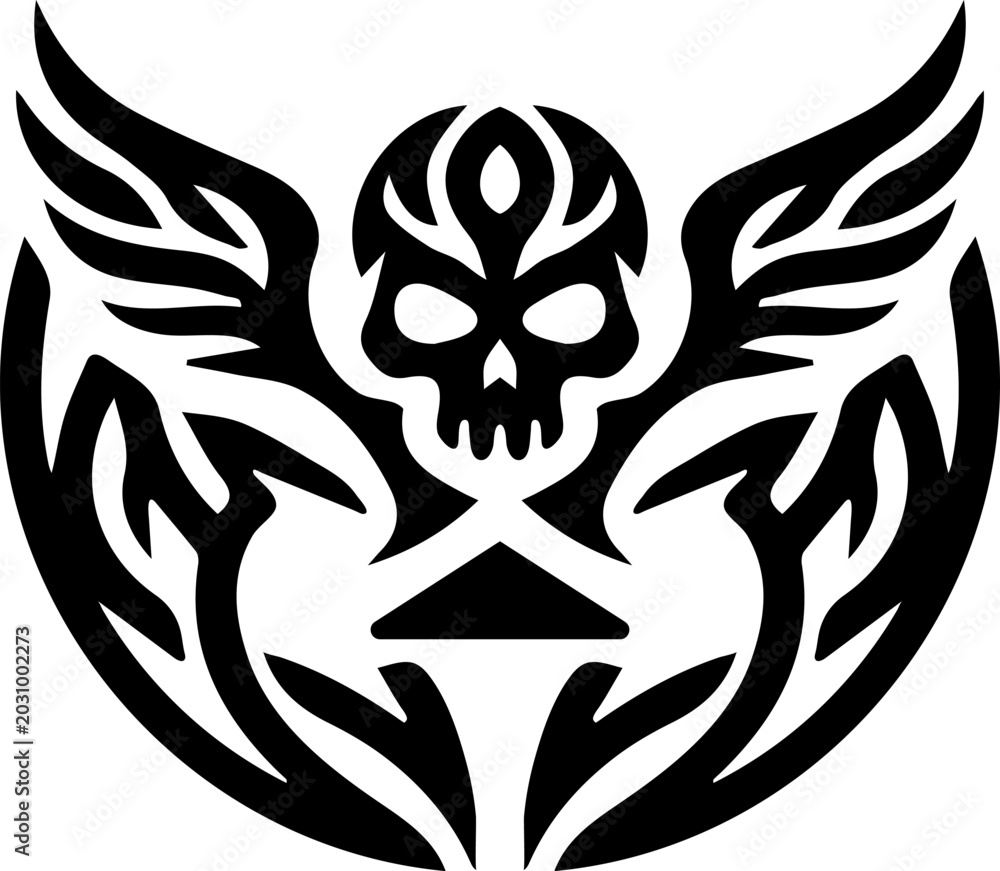 Fototapeta premium Black and white skull with wings on isolated white background for tattoo or design