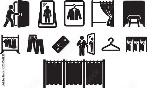 Canvastavla Collection of stylized icons depicting clothing shopping and fitting room experi