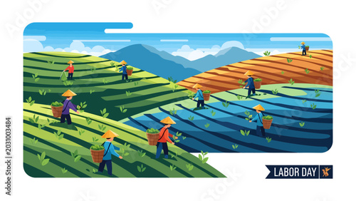 Foto Harvesting the Land: Workers diligently tend to lush green tea plantations cascading down rolling hills, under a bright blue sky