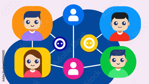 Stacked social media interface icons with people interacting concept digital business communication. Fits marketing, business, social media. Bright clean background, copy space