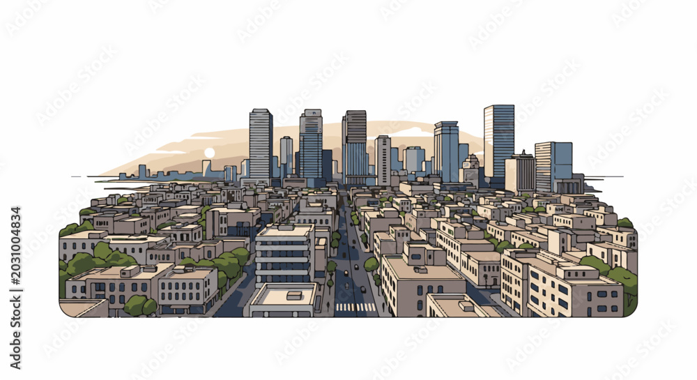Obraz premium A panoramic view of a bustling city skyline at sunset