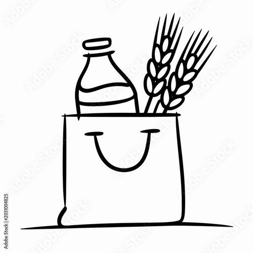 Paper Shopping Bag with Milk Bottle and Wheat Line Art - Minimalist Healthy Grocery, Organic Bakery, and Eco-Friendly Food Delivery Icon