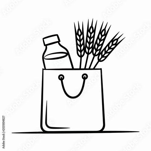 Paper Shopping Bag with Milk Bottle and Wheat Line Art - Minimalist Healthy Grocery, Organic Bakery, and Eco-Friendly Food Delivery Icon