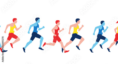 Photos Diverse runners in colorful athletic wear compete in a race, flat design