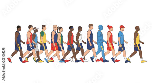 Tableau sur toile Diverse group of people walking in a line, representing unity and movement