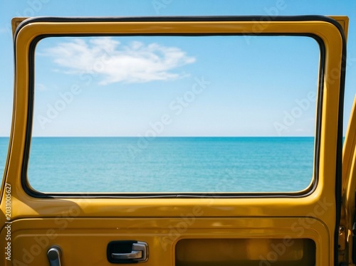 Scenic Sea Horizon Seen Through Classic Vehicle Side Window