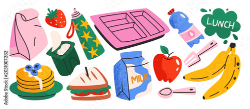 Konstfotografi Assortment of lunch items including fruit sandwiches pancakes a lunchbox with wa