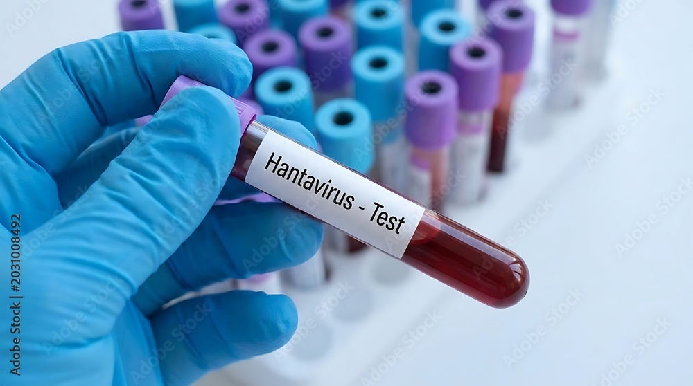 Naklejka premium Hantavirus Blood Test Sample Tube Held By Scientist Inside Clinical Laboratory Environment