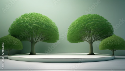 green trees displayed on a round platform with simple background and clean lines in a modern space