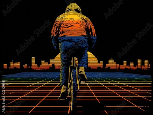 Focused cyclist navigating a neon-lit city grid, embodying precision and discipline in a vibrant synthwave aesthetic.