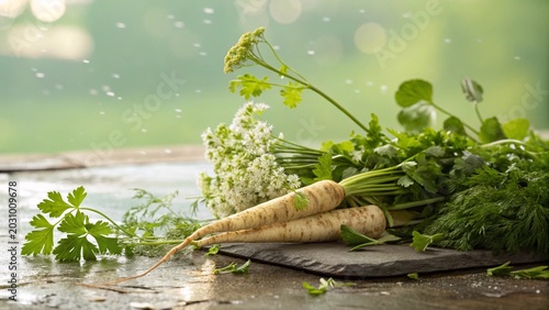 Fresh Parsnips and Herbs on a Rustic Wooden Table with Soft Bokeh Background