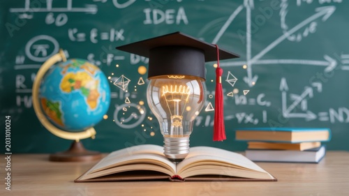 Graduation cap on open book with globe and light bulb for education concept