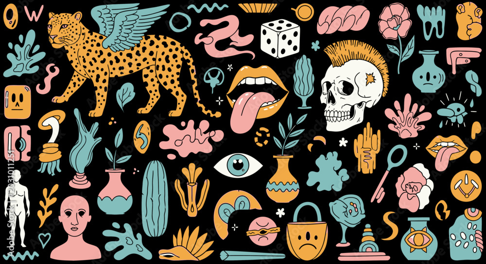 Fototapeta premium Eclectic collection of hand drawn doodle icons featuring animals and abstract shapes on black background vector
