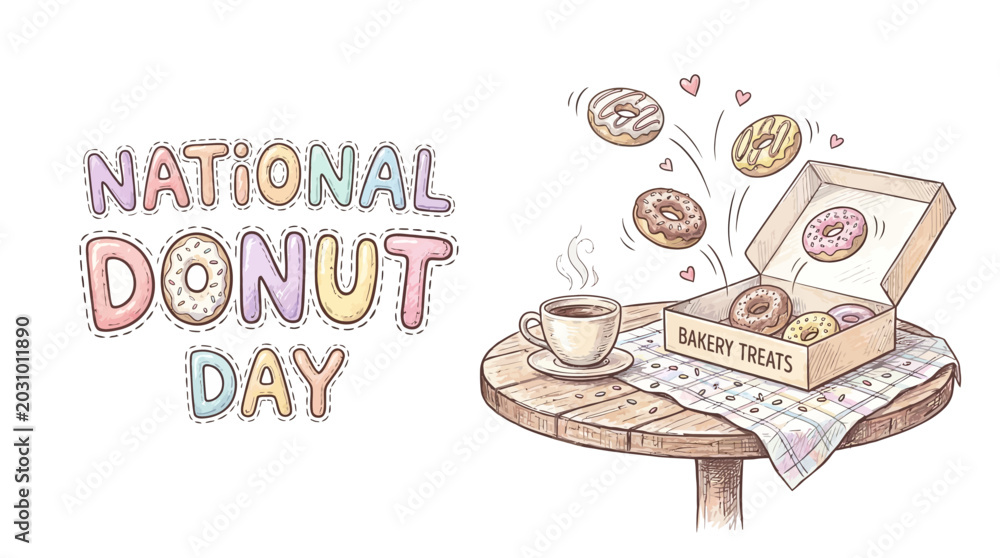 Obraz premium National donut day celebration with donuts and coffee on wooden table