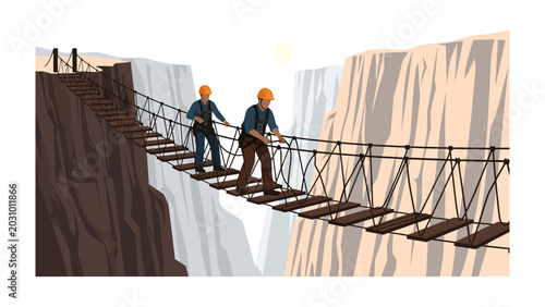 Foto Navigating the Abyss: Two adventurers, clad in safety gear, carefully traverse a precarious suspension bridge spanning a deep canyon, embodying courage and the spirit of exploration