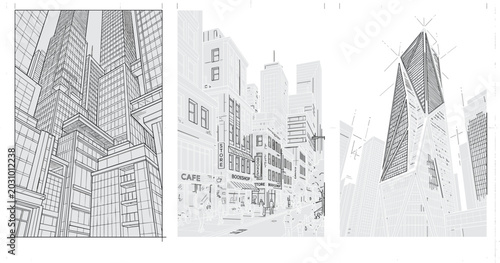 Modern Abstract Architecture Sketch Vector Set Featuring Futuristic Geometric Building Blueprints and Urban City Skyline Line Art Designs for Real Estate Projects