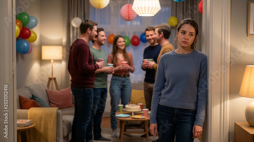 Lonely Young Woman Standing Apart at Crowded House Party