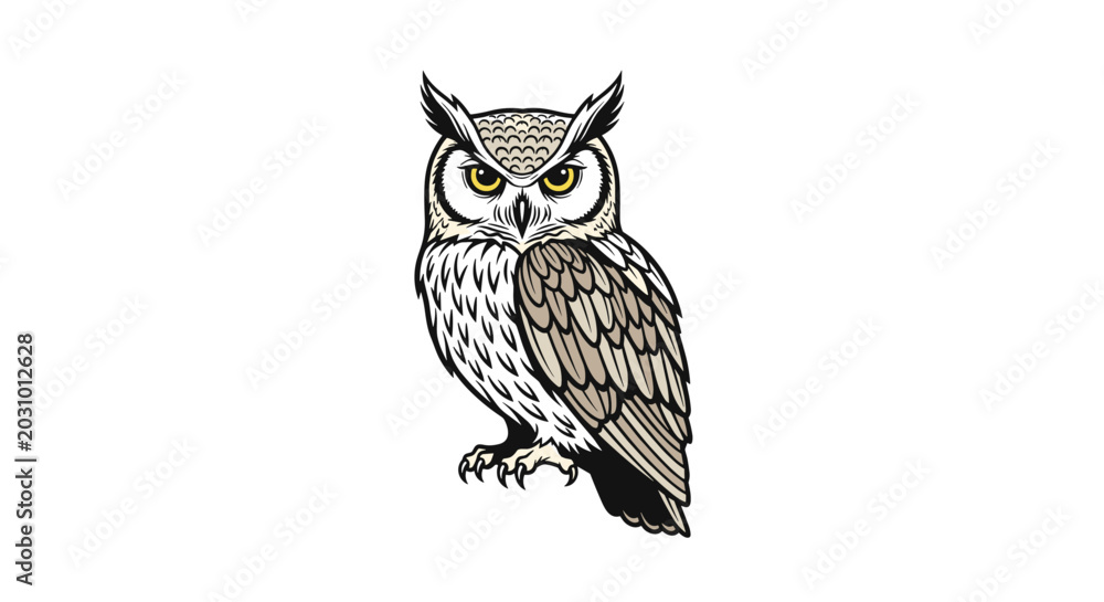 Obraz premium A detailed illustration of a majestic owl with intense eyes and feathered wings, perfect for nature themes, wildlife art, and forest decor.
