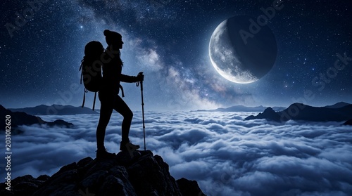 Backpacker Mountain Peak Silhouette with Crescent Moon Night Sky