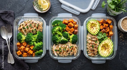 Healthy Food Meal Prep Containers Flat-Lay on Slate Background