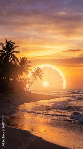 Slice of Citrus Setting over Tropical Beach Horizon at Sunset