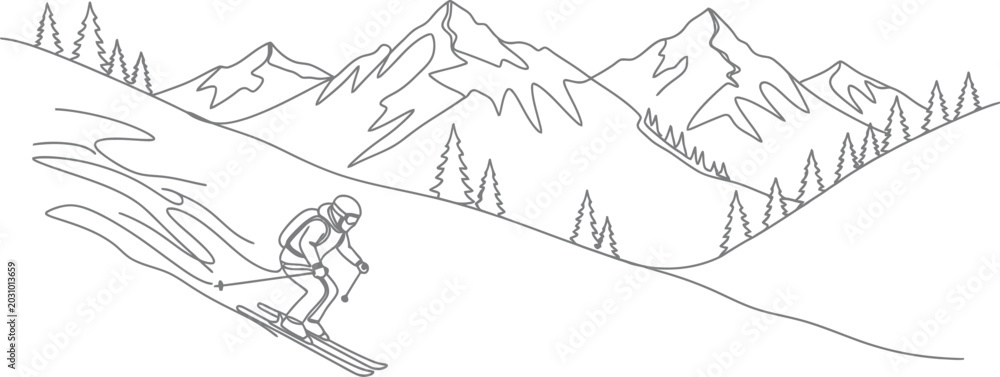 Obraz premium Continuous line drawing of a skier in the mountains