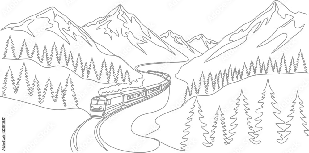 Fototapeta premium Continuous line drawing scenic mountain landscape with train vector illustration