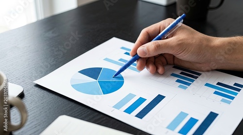 Close-up of a hand holding a pen over a financial report with charts and graphs.