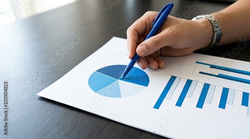 Close-up of a hand analyzing financial charts and graphs on paper.