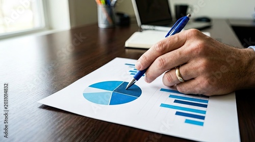 Close-up of a hand analyzing financial charts and graphs on a wooden desk.