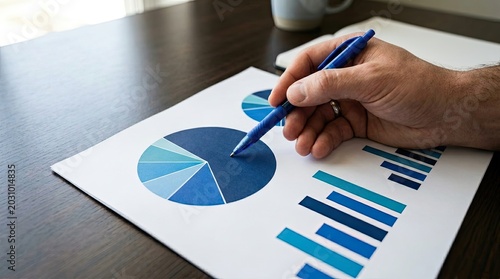 Hand Holding Pen Analyzing Financial Pie Chart and Bar Graph Data.