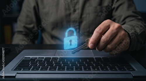 Digital Security Concept - Hand Holding Key to Unlock Holographic Padlock Over Laptop Keyboard.