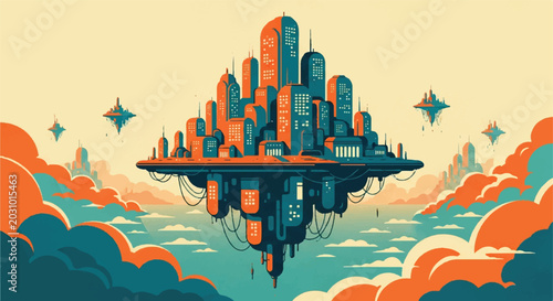 Floating city illustration vibrant colors futuristic design