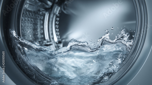 Clean water splash in stainless steel washing machine, modern laundry cleaning technology, fresh rinse action, hygiene, fabric care and home appliance concept Prompt: Hyper-realist