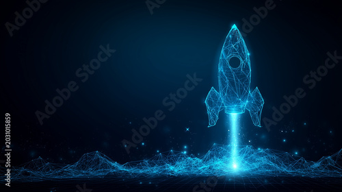 Futuristic digital rocket made of glowing blue network lines launching from abstract data wave, technology startup, artificial intelligence, innovation and business growth concept