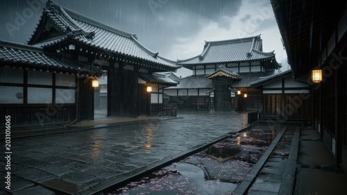 Traditional Japanese courtyard with tiled roofs and lanterns, wet stone pavement, and falling cherry blossom petals in the rain