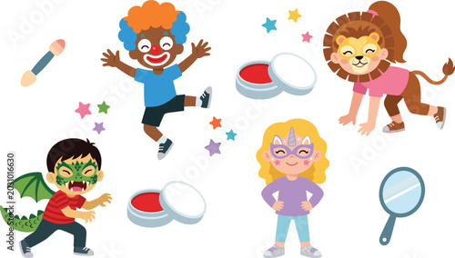 Children Face Painting Vector Set with Clown Lion Dragon and Unicorn Makeup Characters Cosmetic Containers and Mirror for Kids Birthday Party Designs