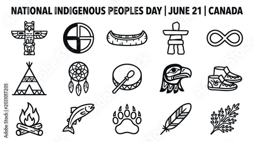 Indigenous Peoples Day Canada Icons: Totem, Canoe, Drum, Eagle, Nature