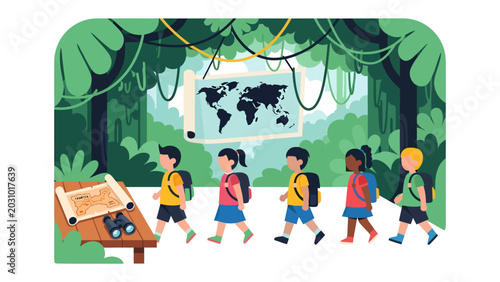 Εκτύπωση καμβά Jungle Adventure Expedition: A group of diverse children embarks on an exciting jungle expedition, guided by a world map and binoculars, eager to explore the unknown